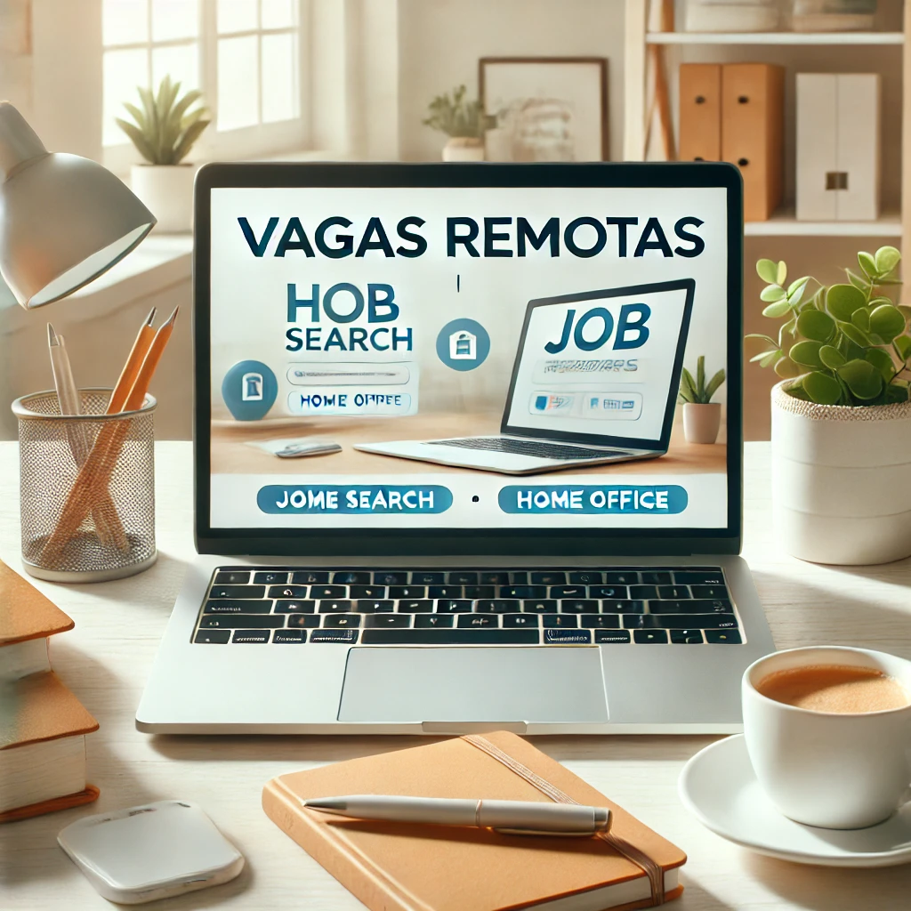 oportunidades de trabalho remoto, com um laptop aberto mostrando uma pesquisa por vagas remotas, ideal para profissionais buscando trabalho home office.